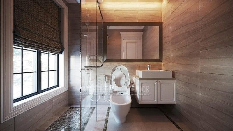 Phòng tắm kính cường lực mở quay lựa chọn hoàn hảo tăng sự thông thoáng cho phòng tắm nhỏ của bé trai.