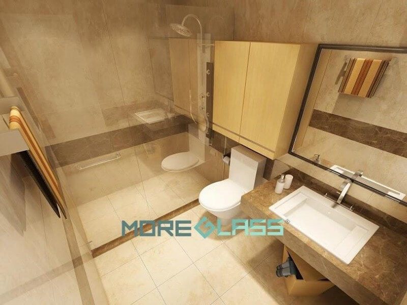 Thiết kế và thi công vách tắm kính cường lực 180 độ đẹp kết hợp với gương soi khung gỗ cao cấp chống ẩm mốc.