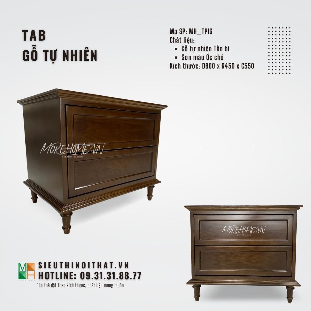 Tab đầu giường gỗ tự nhiên có chân trang trí tô điểm thẩm mỹ cho không gian, có các ngăn kéo tiện lợi cho cất trữ sắp xếp đồ đạc gọn gàng