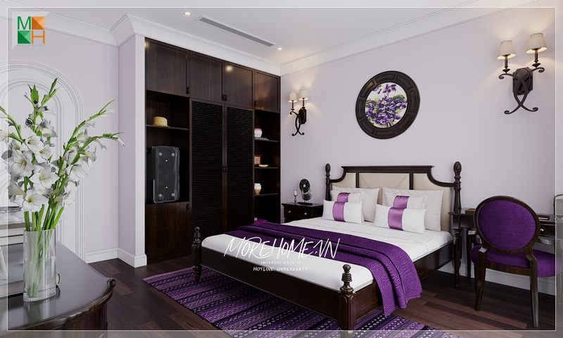 Phòng ngủ gỗ tự nhiên cao cấp được thiết kế dựa trên phong cách cổ điển Á Đông Indochine.