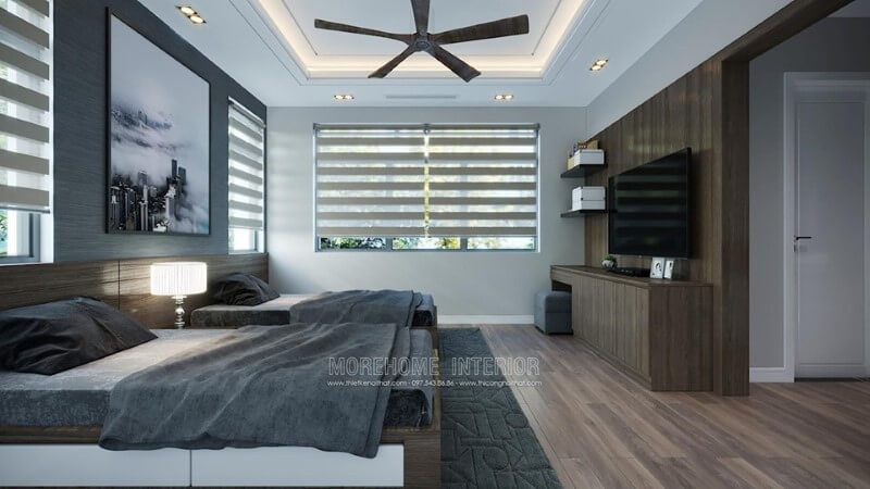 Mẫu giường ngủ gỗ bệt có hộc hiện đại được tìm thấy tại biệt thự Starlake Tây Hồ.